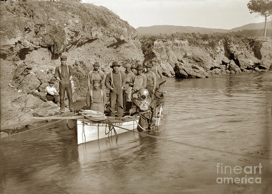 Boat Photograph - Japanese  Abalone  dive boat Columbia with a hardhat diver at Point Lobos by Monterey County Historical Society