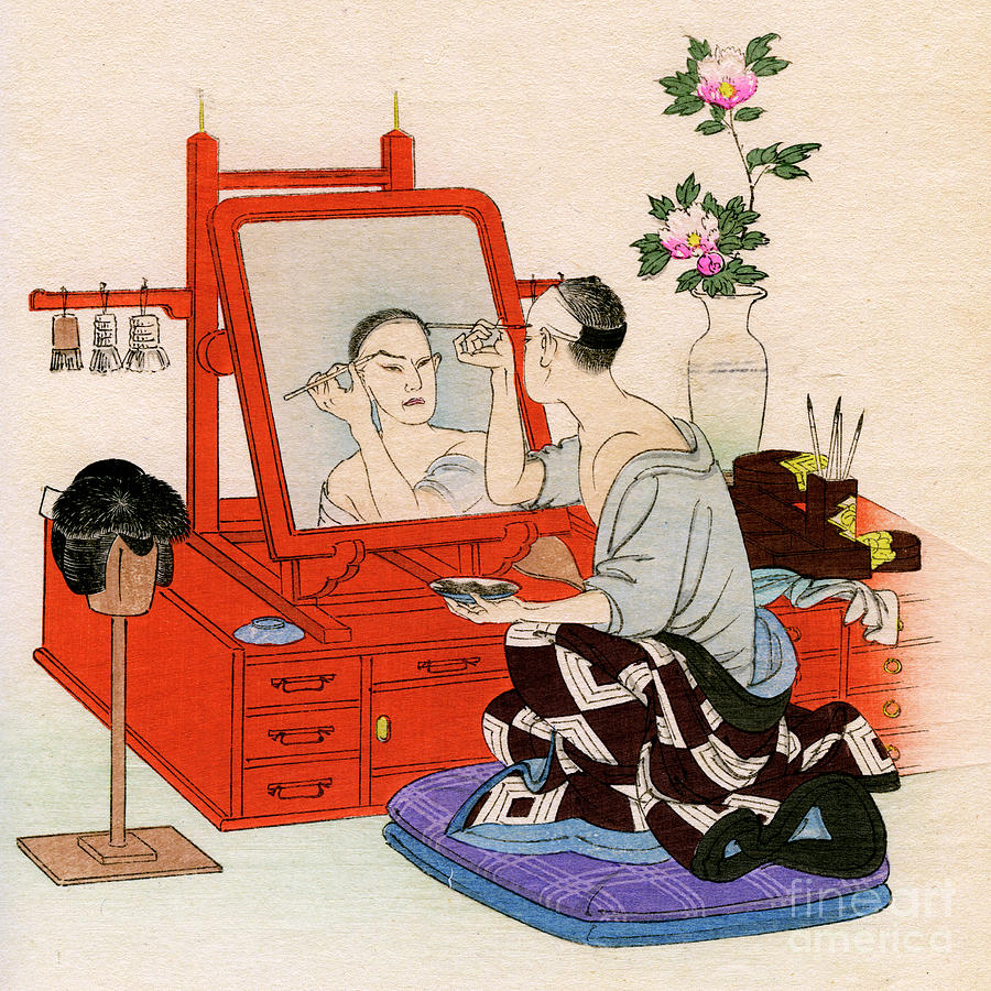 Japanese Actor Applies Makeup In His Dressing Room, 1900 Illustration Painting by Yoshimune Arai