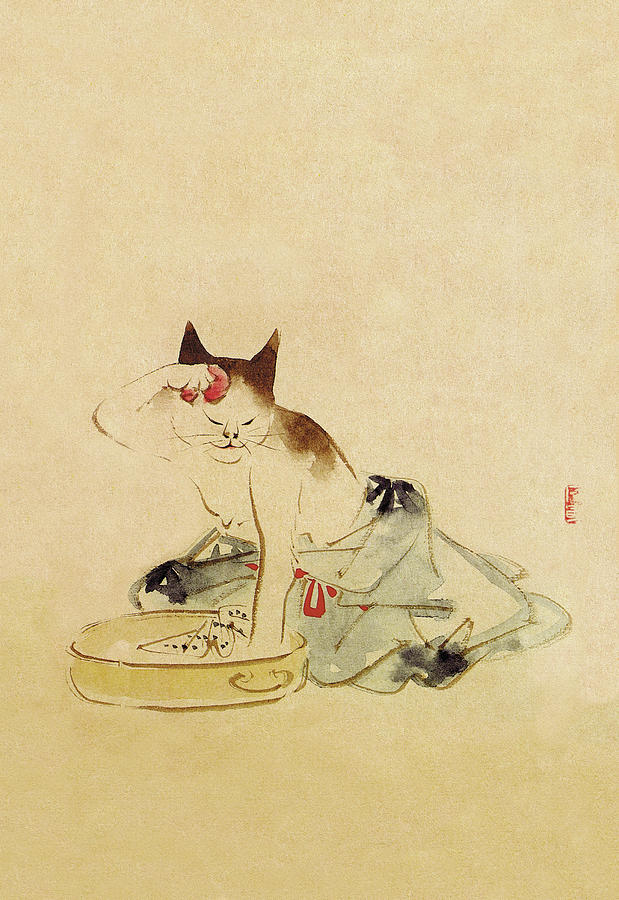 Japanese Cat Bathing Painting by Utagawa Kuniyoshi
