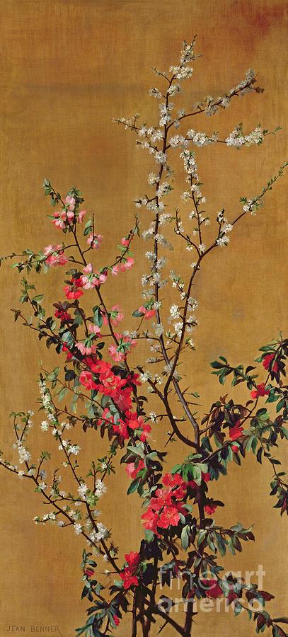 Japanese Cherry Tree And Hawthorn Branches Painting by Jean Benner