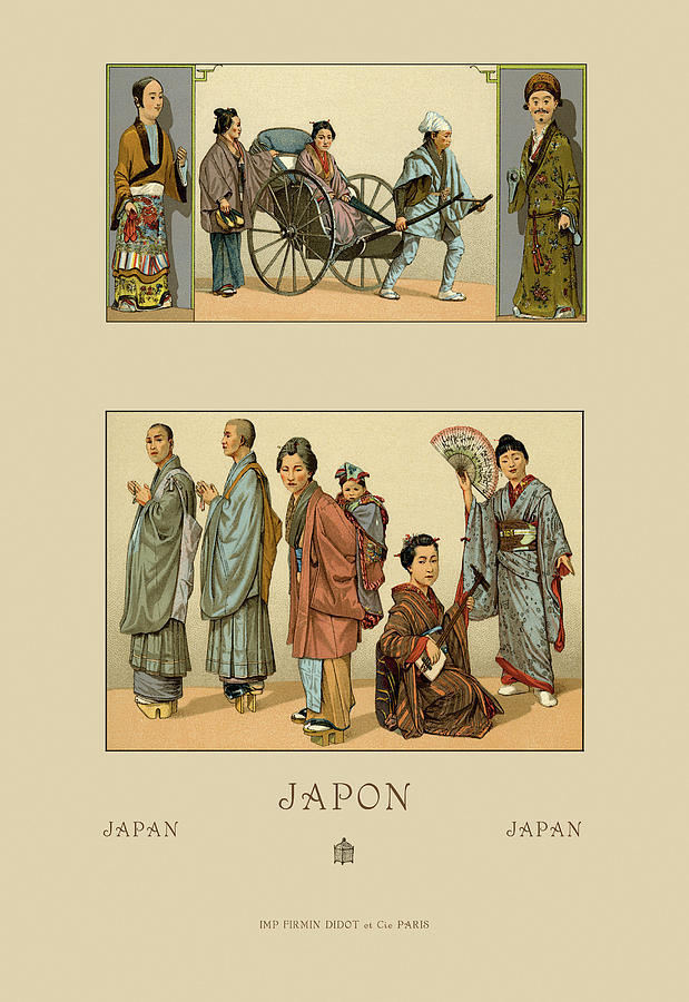 Japanese Civil Costumes and Transportation Painting by Auguste Racinet