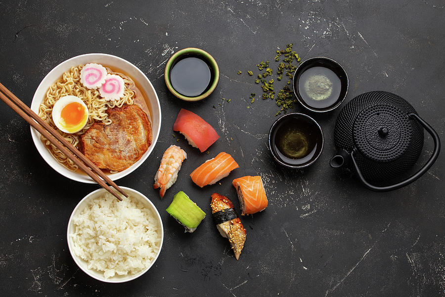 Japanese Dishes Set: Soup Ramen, Boiled Rice, Sushi Photograph by Olena Yeromenko