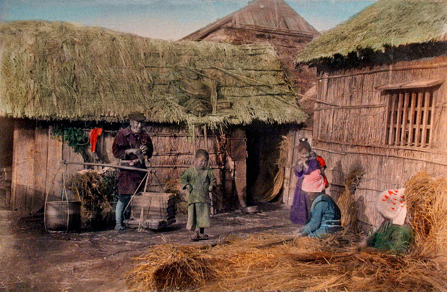 Japanese Farmhouse & Peasants Painting by Unknown