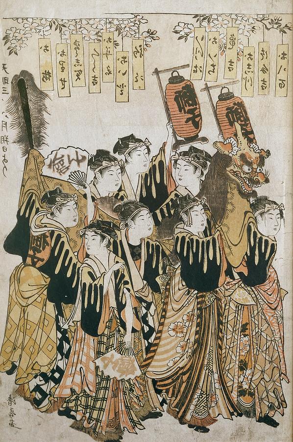 During a festival, women wearing black and gold robes are carrying a dragon. Lanterns are above them and they are all wearing gold jewelry. 