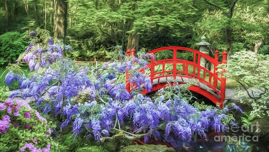 Japanese Garden With Red Bridge Photograph by Philip Preston