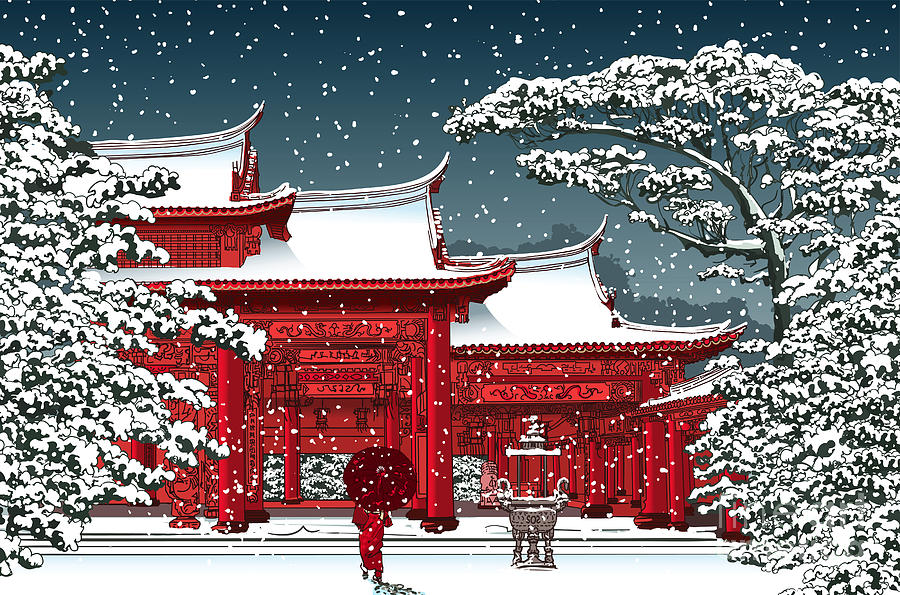 Harmony Digital Art - Japanese Or Chinese Temple Under Snow - by Isaxar Harmony Digital Art - Japanese Or Chinese Temple Under Snow - by Isaxar
