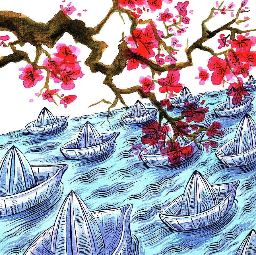 Japanese Origami Boats And Cherry Digital Art by Foto Bureau Nz Limited Japanese Origami Boats And Cherry Digital Art by Foto Bureau Nz Limited