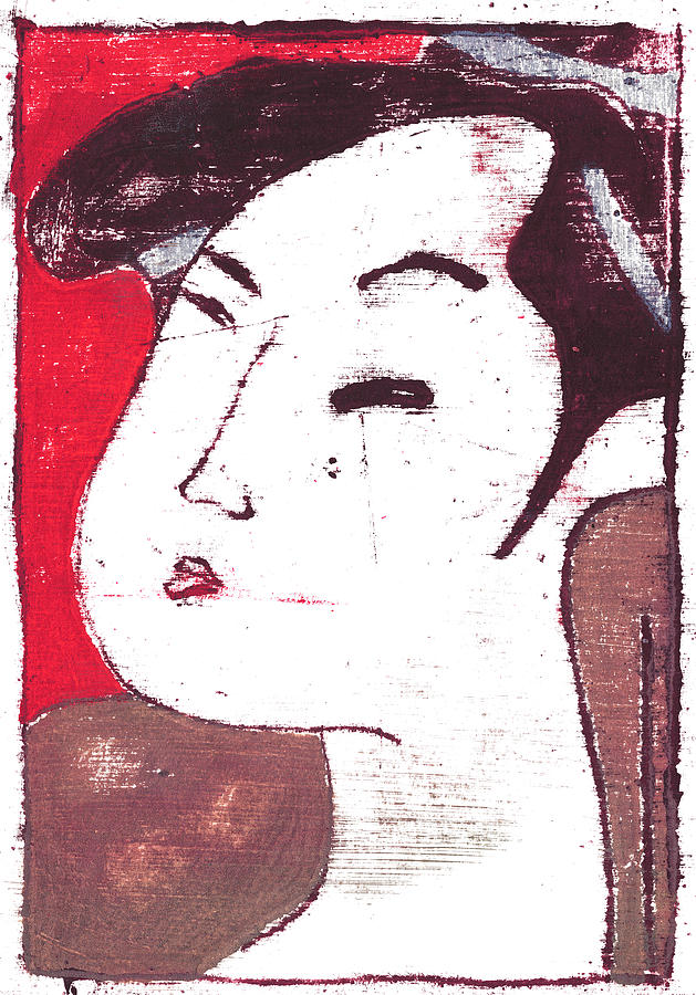 Japanese Print 15 - Red Female Portrait Painting by Edgeworth Johnstone