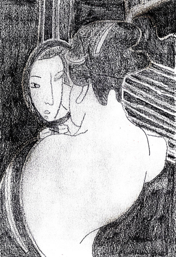 Japanese Print Pencil Drawing 13 Drawing by Edgeworth Johnstone