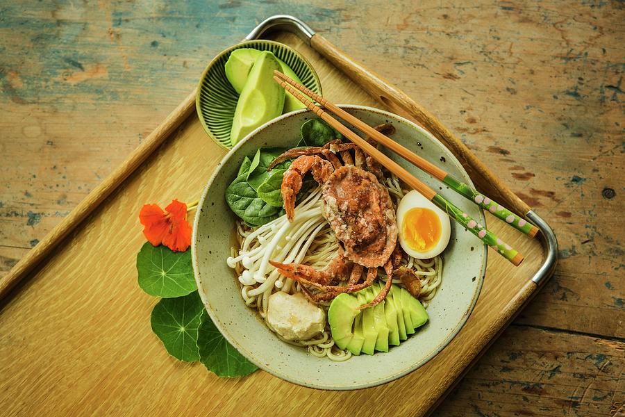 Japanese Ramen Soup With Crispy Soft-shell Crab, Shimeji And Avocado Photograph by Colin Cooke