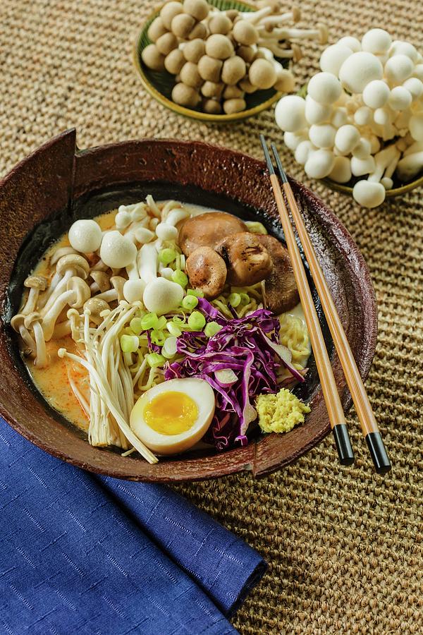 Japanese Ramen Soup With Mushrooms, Red Cabbage And Egg Photograph by Colin Cooke
