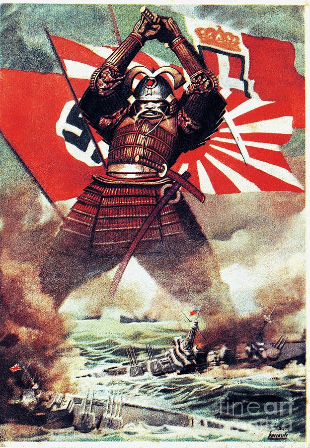 Japanese Samurai Sinking American Fleet At Pearl Harbor Drawing by Gino Boccasile