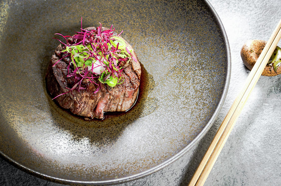 Japanese-style Beef Medallions With Spring Onions And Red Amaranth Shoots Photograph by Giulia Verdinelli Photography