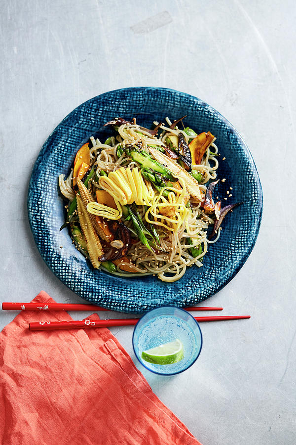 Japchae With Fried Noodles, Vegetables And Omelette Strips korea Photograph by Thorsten Suedfels / Stockfood Studios