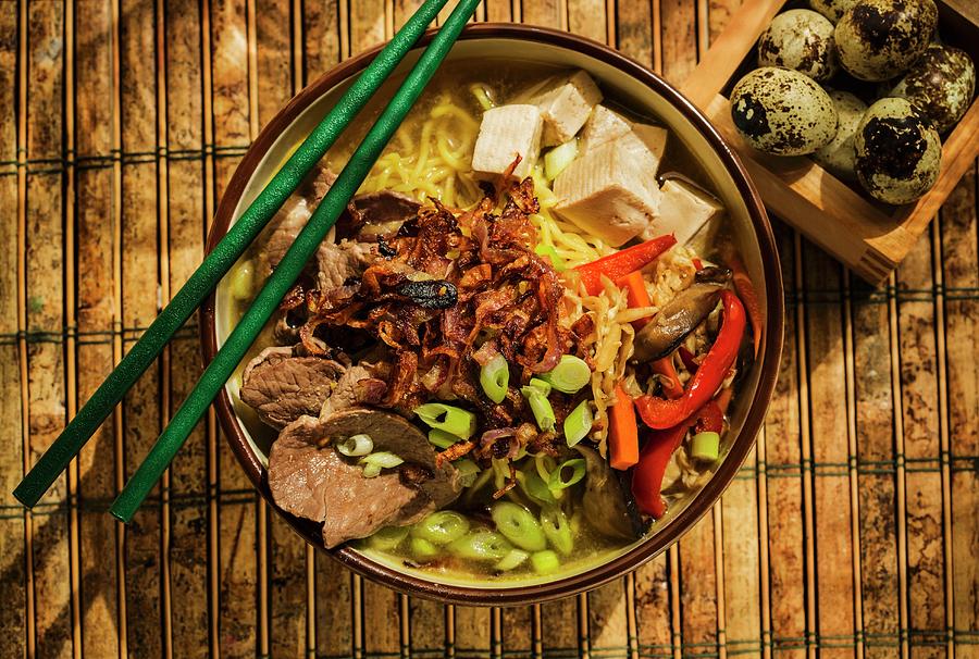 Japenese Sukiyaki Ramen Soup With Beef And Tofu Photograph by Colin Cooke