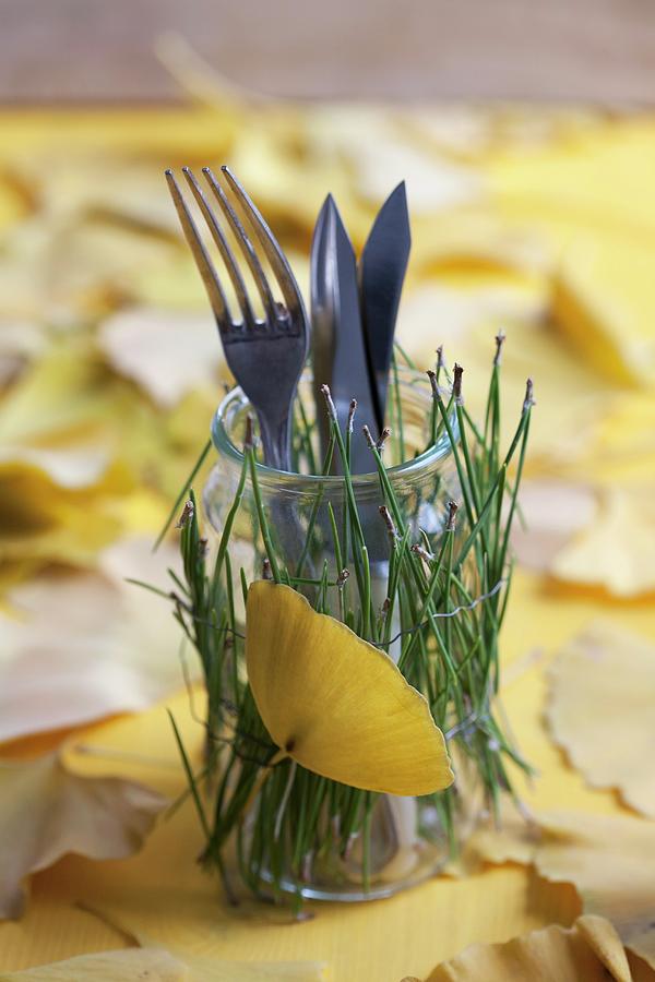 Jar Decorated With Pine Needles And Gingko Leaf And Used As Cutlery Holder Photograph by Martina Schindler