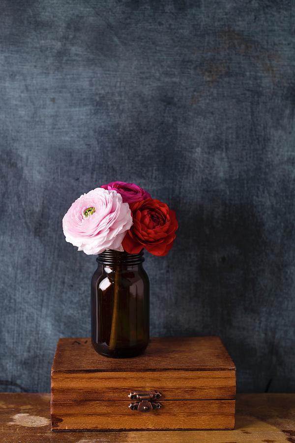 Jar Of Ranunculus On Wooden Box Against Black Wall Photograph by Mandy Reschke
