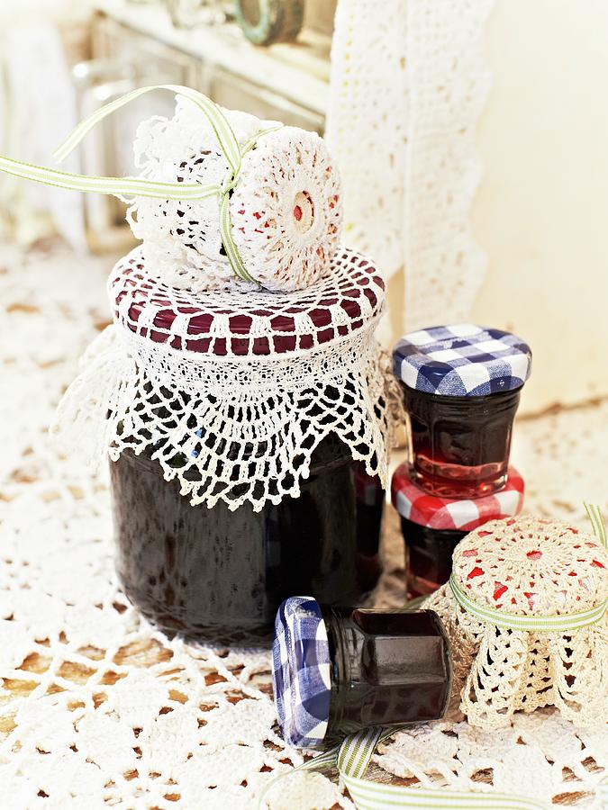 Jars Of Blackberry Jam With Lace Covers Photograph by Hannah Kompanik