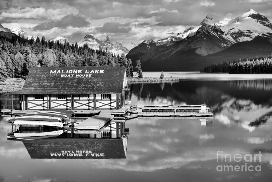 Jasper Boathouse Reflections Black And White Photograph by Adam Jewell