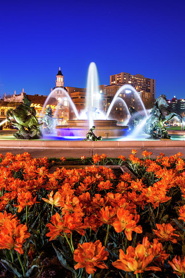 J.C. Nichols Fountain Flowers - Kansas City Spring Color Photograph by Gregory Ballos
