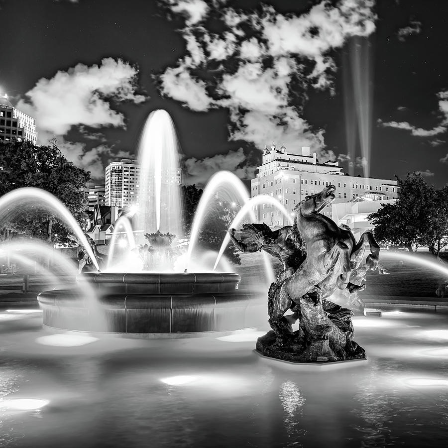 Black And White Photograph - JC Nichols Memorial Fountain Lights - Black and White by Gregory Ballos