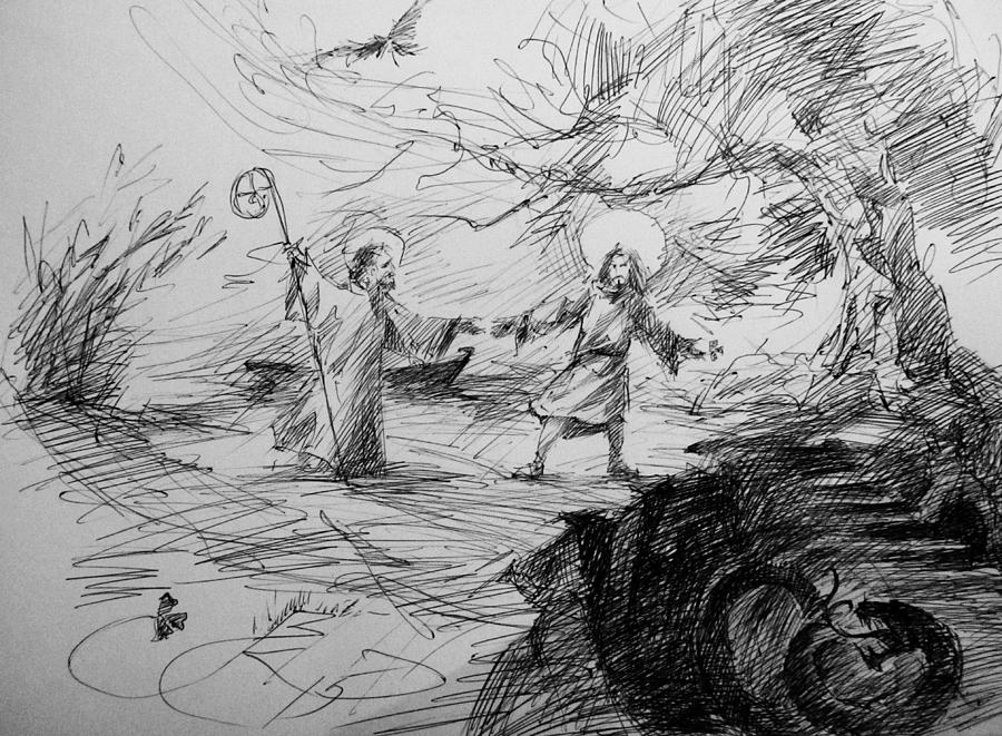 Jesus Shows To St. Patrick The Enter To A Hell Drawing