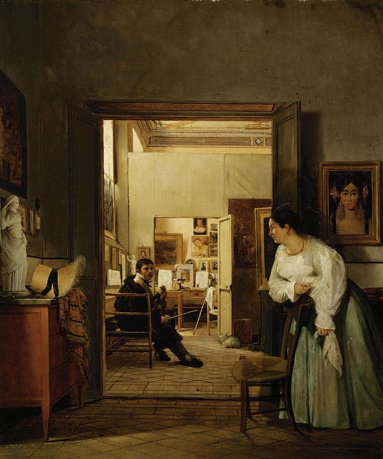 Jean Alaux / Ingres Studio in Rome, 1818, Oil on canvas, 55.5 x 46 cm. Painting by Jean Alaux -1786-1864-
