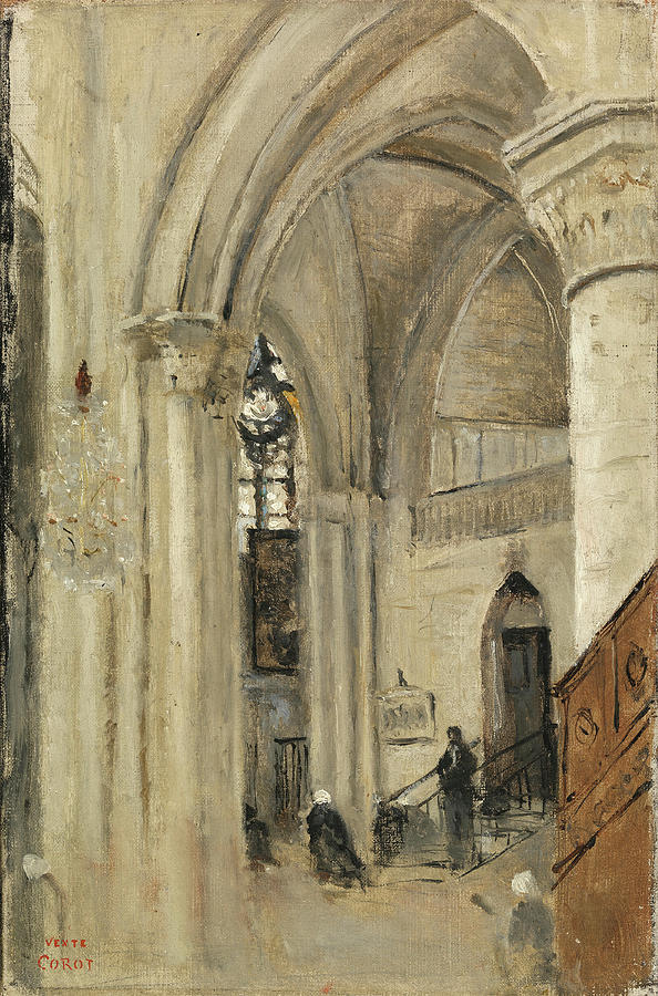 Jean-Baptiste-Camille Corot -Paris, 1796-1875-. Interior of the Church at Mantes -1865 - 1870-. O... Painting by Jean Baptiste Camille Corot -1796-1875-