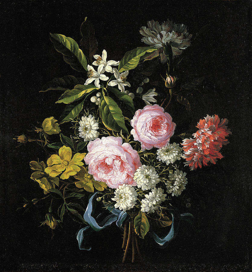 Jean-Baptiste Monnoyer -Lille, 1636-Londres, 1699-. A Bouquet of Chamomile, French Roses and othe... Painting by Jean Baptiste Monnoyer -1634-1699-