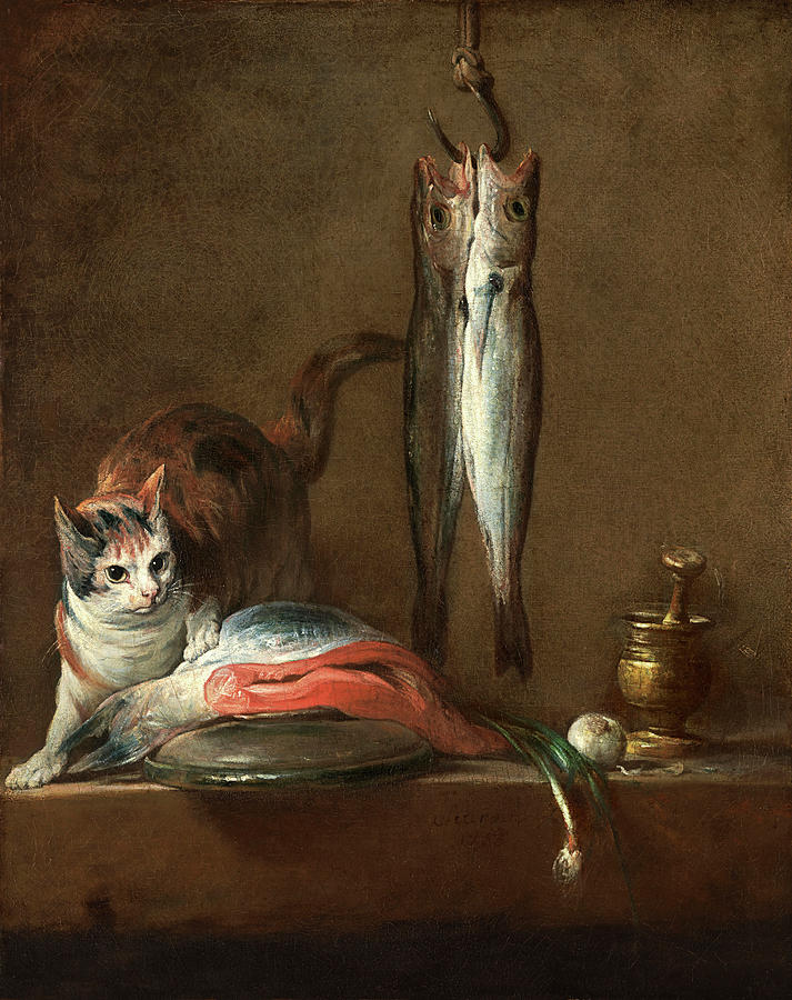 Jean Baptiste Simeon Chardin -Paris, 1699-1779-. Still Life With Cat and Fish -1728-. Oil on canv... Painting by Jean Baptiste Simeon Chardin -1699-1779- Jean Baptiste Simeon Chardin -Paris, 1699-1779-. Still Life With Cat and Fish -1728-. Oil on canv... Painting by Jean Baptiste Simeon Chardin -1699-1779-