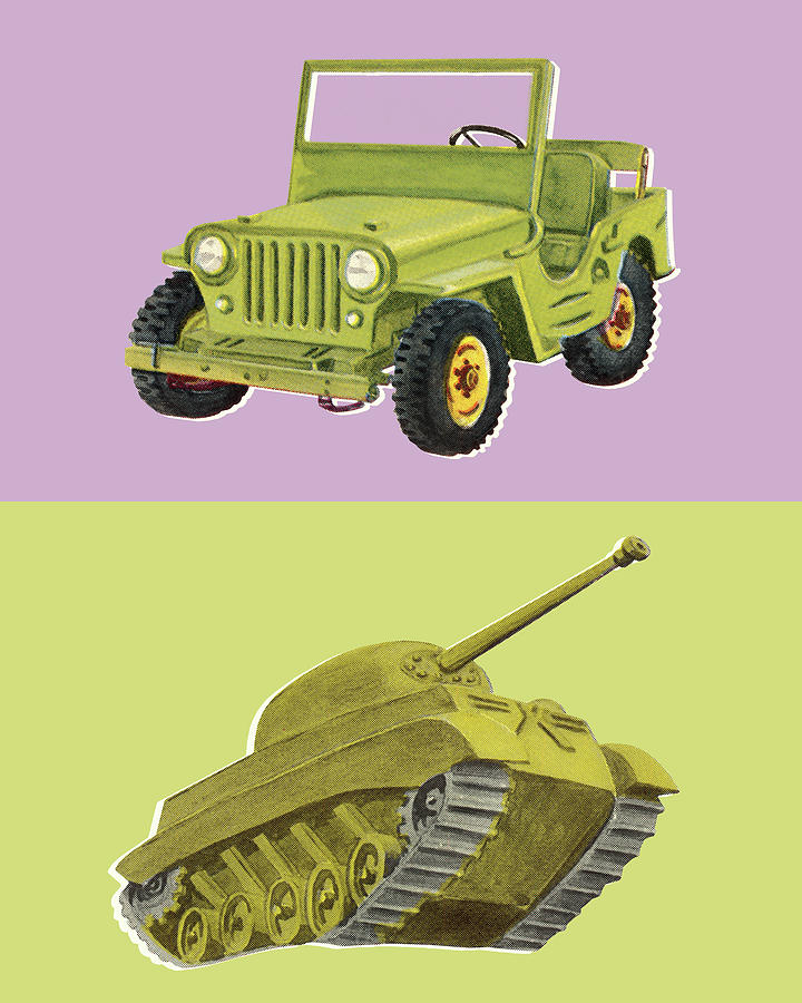 Transportation Drawing - Jeep and Tank by CSA Images