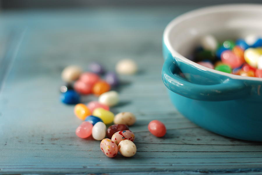 Jelly Beans And Blue Dish Photograph by Shawna Lemay