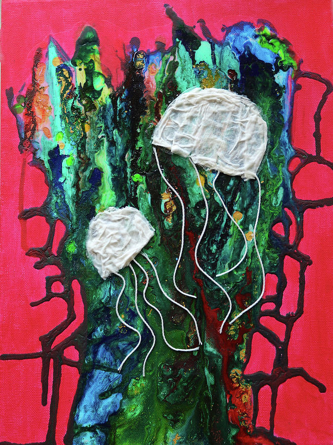 Jellyfish in a Sea of Coral Mixed Media by Deborah Boyd