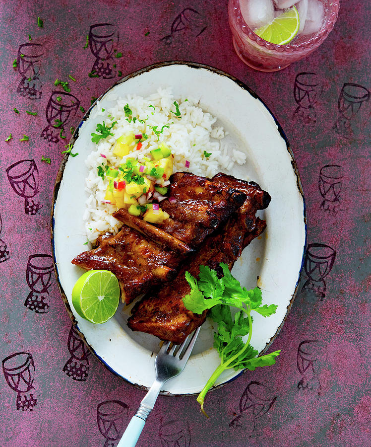Jerk Ribs With Rice And Mango Salsa Photograph by Udo Einenkel