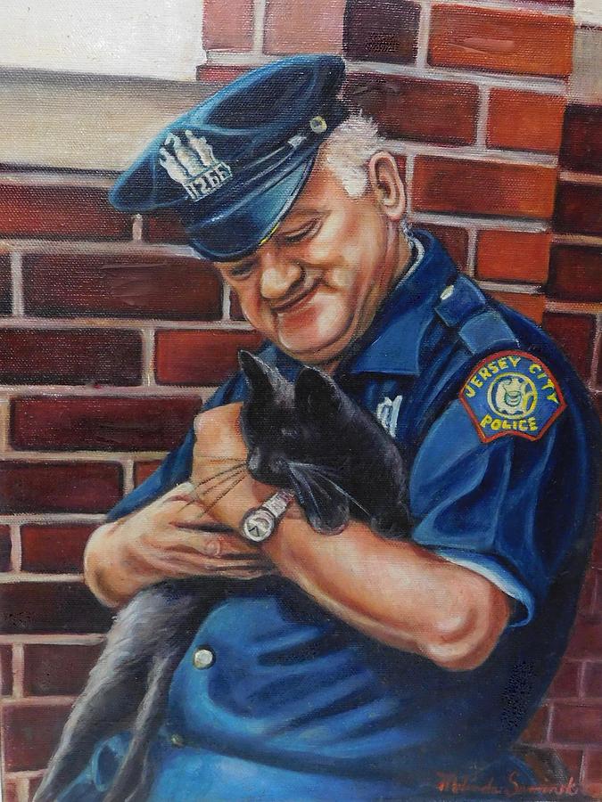 Jersey City Policeman and his Cat Stormy             Painting by Melinda Saminski