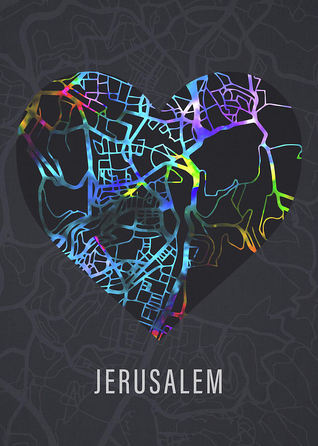 Map Mixed Media - Jerusalem Israel Heart Street Map Love Dark Mode by Design Turnpike