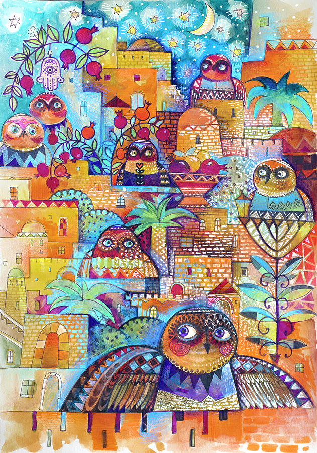 Bird Painting - Jerusalem Owls 2 by Oxana Zaika