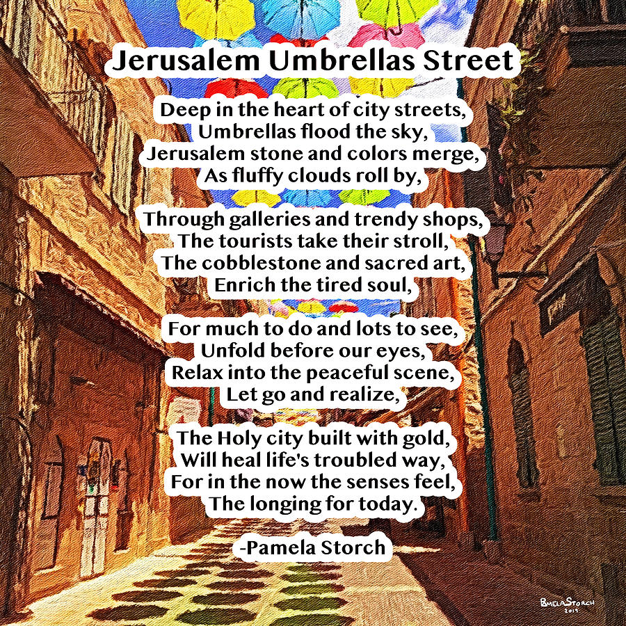 Umbrella Digital Art - Jerusalem Umbrellas Street Poem by Pamela Storch