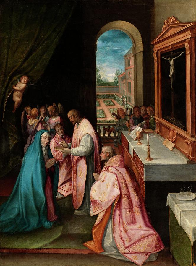 Jesucristo dandole la comunion a la Virgen, ca. 1600, Spanish School, Canvas, 161 ... Painting by Anonymous