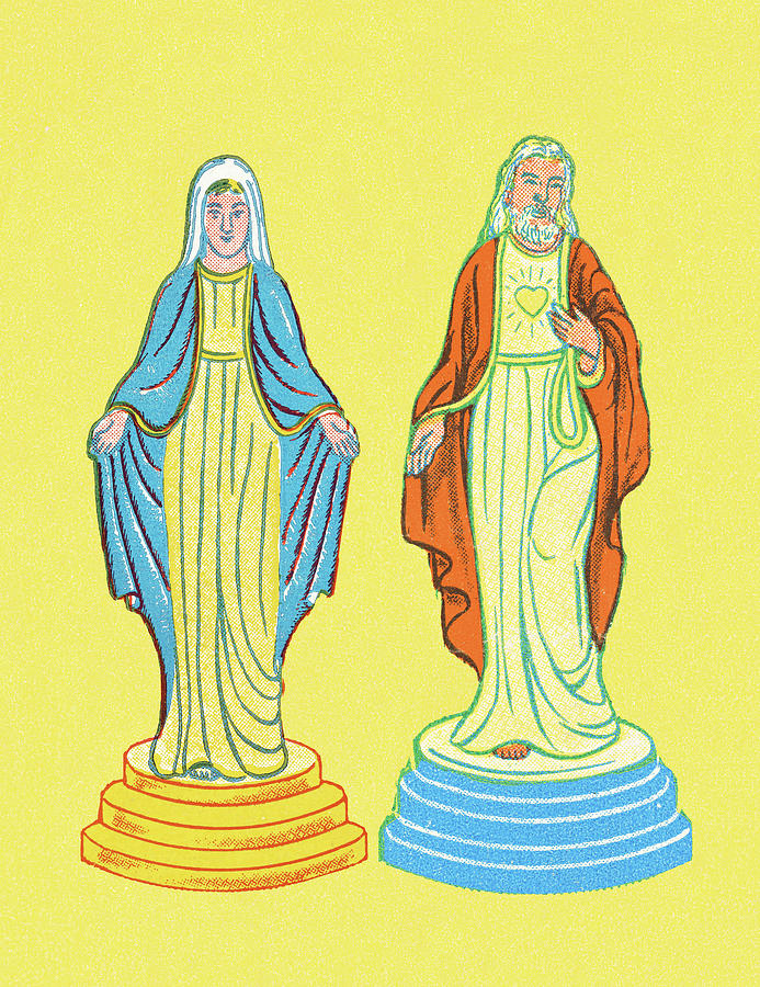 Vintage Drawing - Jesus and Mary on Yellow Background by CSA Images