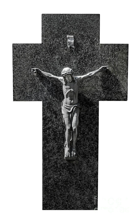 Jesus Christ sculpture on a marble cross in black and white. by Ulrich Wende Jesus Christ sculpture on a marble cross in black and white. by Ulrich Wende