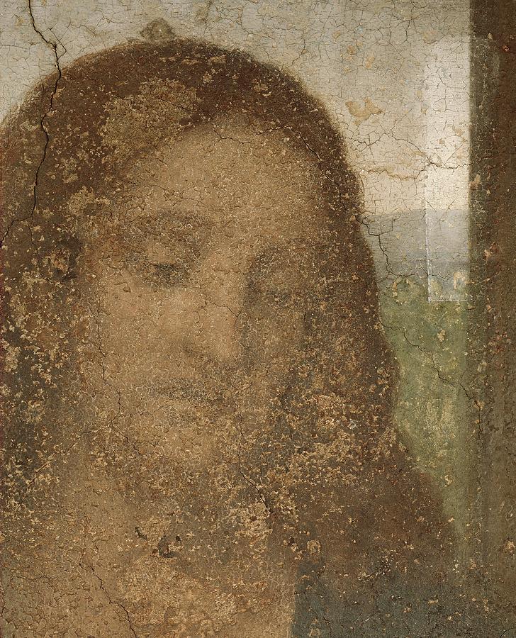 Jesus head, detail from Leonardos Last Supper,1498. After restoration -finished in 1999-. Painting by Leonardo da Vinci -1452-1519-
