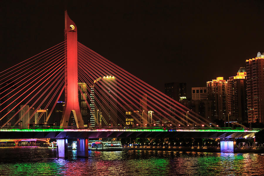 Architecture Digital Art - Jiefang Bridge Illuminated At Night, Guangzhou, China by Stuart Westmorland