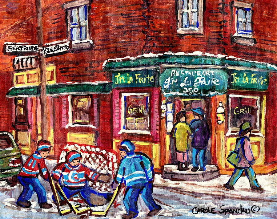 Jm La Frite Restaurant Verdun Montreal Hockey Art Boys Of Gertrude And Strathmore C Spandau Artist  Painting by Carole Spandau