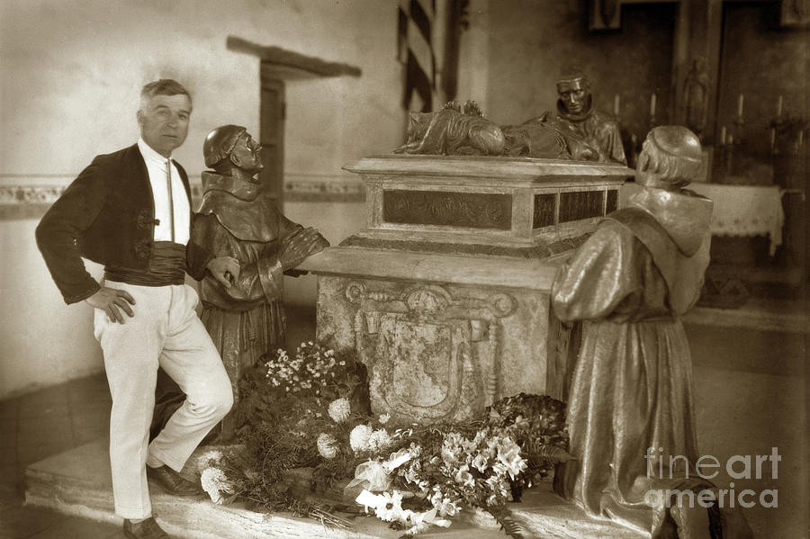 Jo Mora Photograph - Jo Mora with the Father Serra Memorial Centotaph at Carmel Missi by Monterey County Historical Society