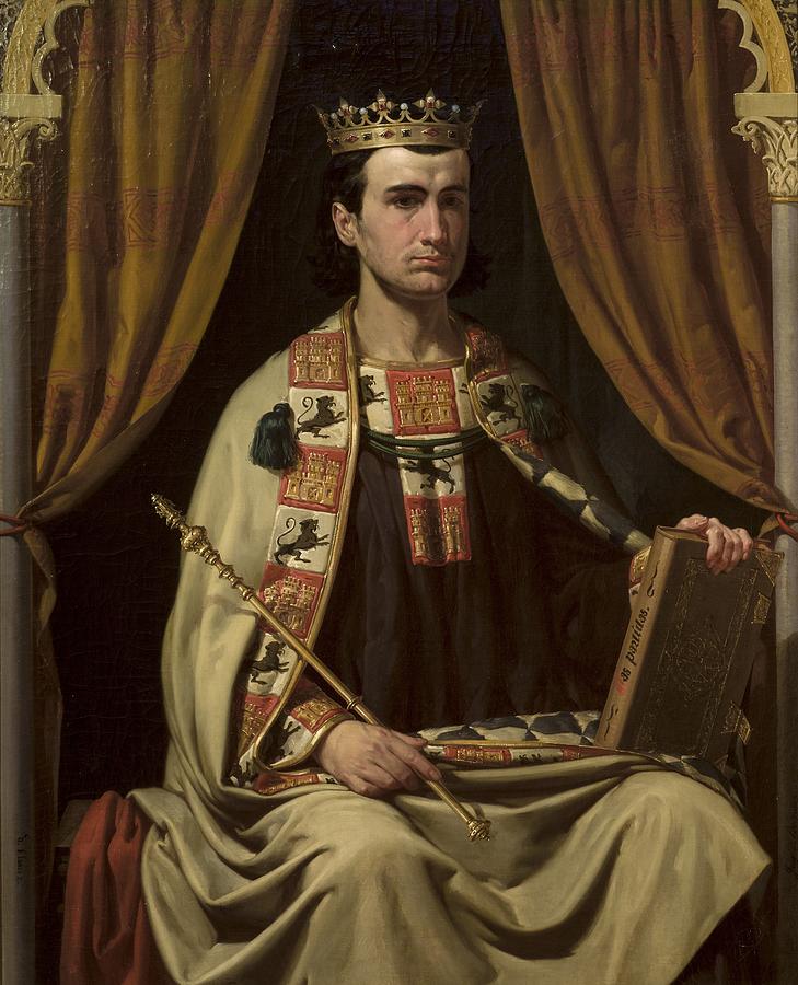 Joaquin Dominguez Becquer / Portrait of Alfonso X the wise, Oil on canvas, 1.14 x 0.92 m. Painting by Joaquin Dominguez Becquer -1819-1879-