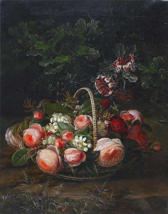 Johan Laurentz Jensen 1800-1856 Flowers in a Basket Painting by Johan Laurentz Jensen