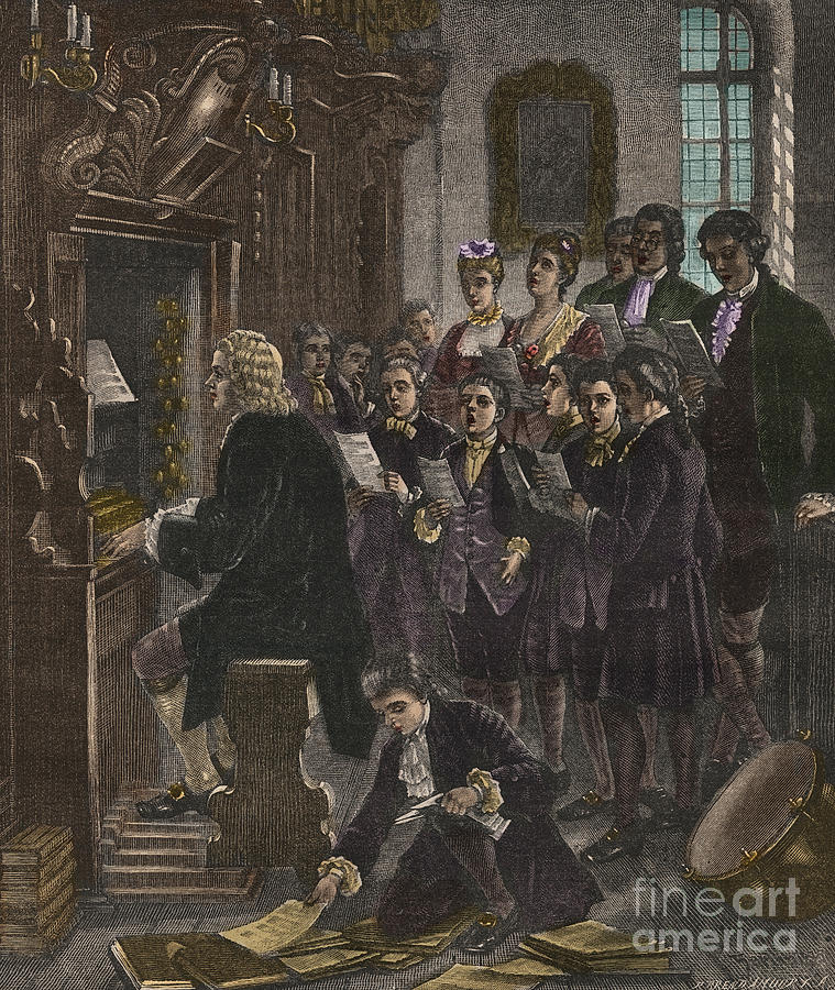 Johann Sebastian Bach playing the organ at the St Thomas School, Leipzig Painting by French School
