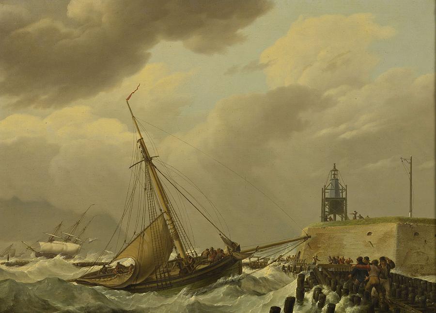 Johannes Hermanus Koekkoek - Ships in stormy seas 1821 Painting by Celestial Images