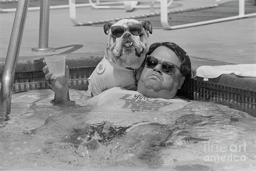 John Bisciglia With Pet Bulldog In Pool Photograph by Bettmann